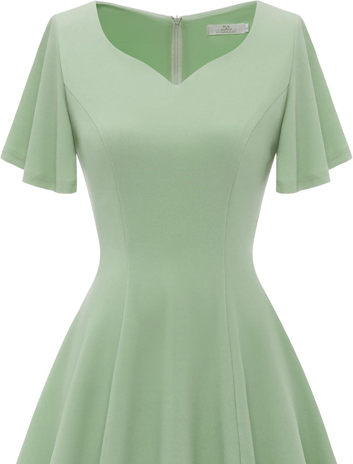 imageHomRain Wedding Guest Dresses for Women Vintage Short Sleeves Casual Fit and Flare Cocktail Formal Dress for Tea PartySage Green