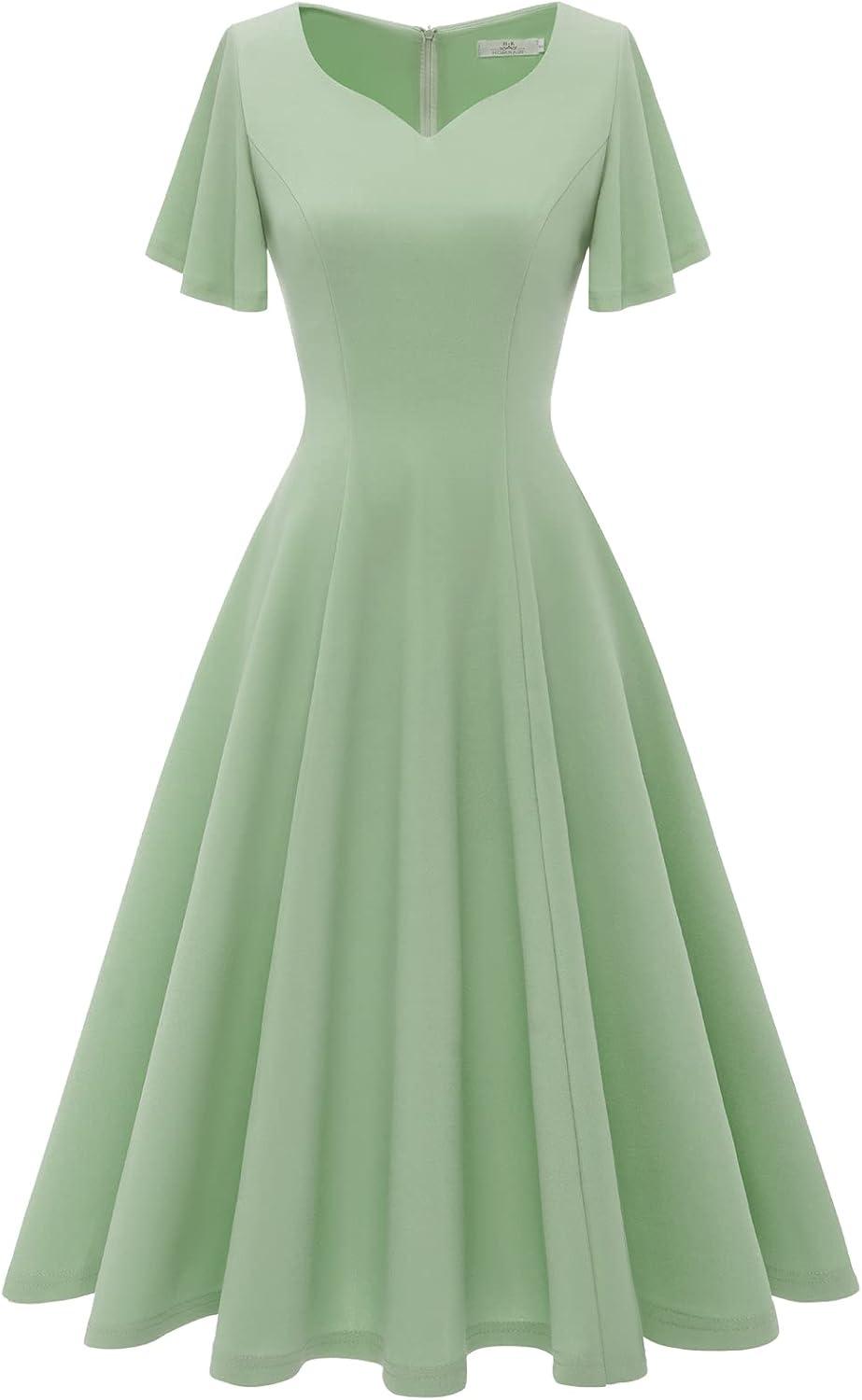 imageHomRain Wedding Guest Dresses for Women Vintage Short Sleeves Casual Fit and Flare Cocktail Formal Dress for Tea PartySage Green