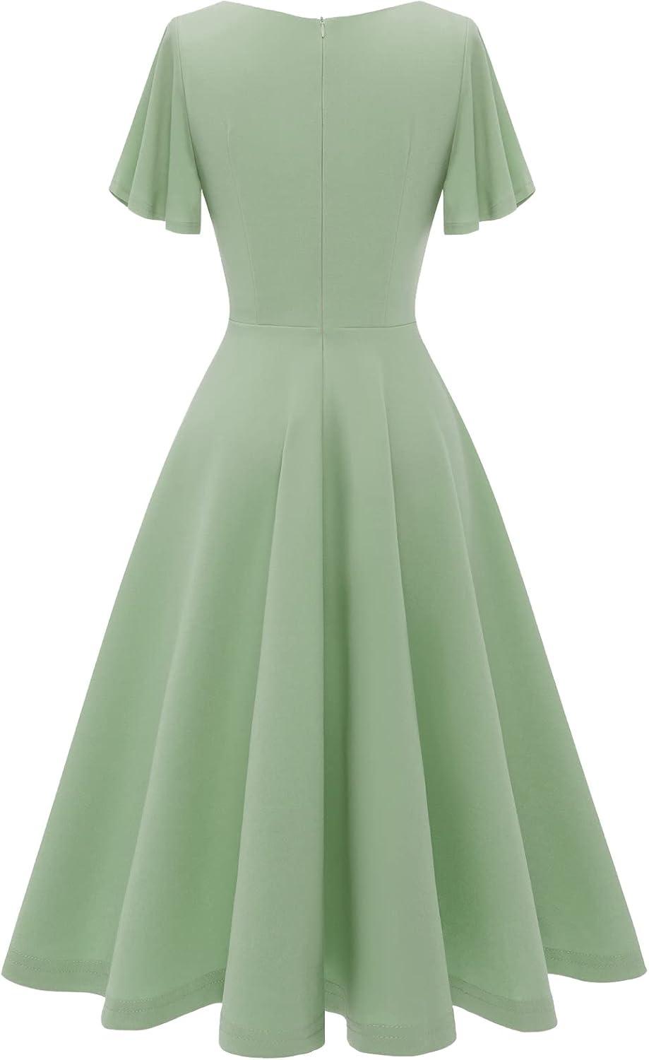 imageHomRain Wedding Guest Dresses for Women Vintage Short Sleeves Casual Fit and Flare Cocktail Formal Dress for Tea PartySage Green