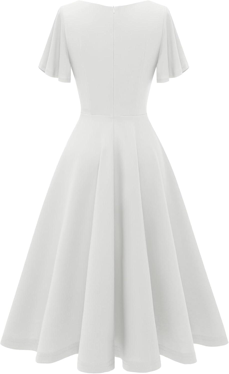 imageHomRain Wedding Guest Dresses for Women Vintage Short Sleeves Casual Fit and Flare Cocktail Formal Dress for Tea PartyWhite