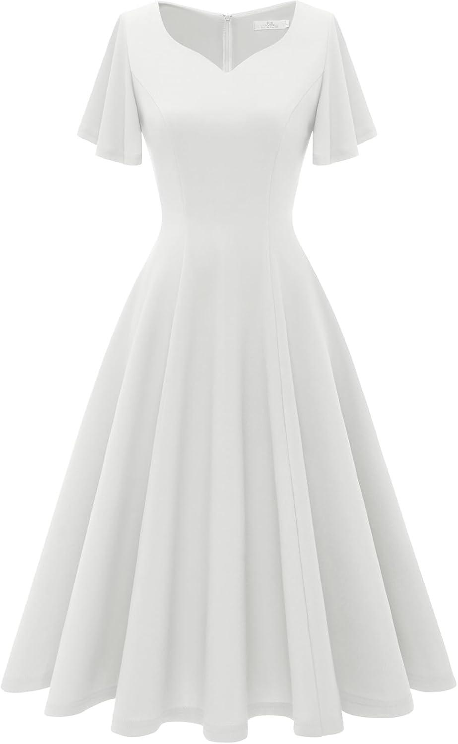 imageHomRain Wedding Guest Dresses for Women Vintage Short Sleeves Casual Fit and Flare Cocktail Formal Dress for Tea PartyWhite