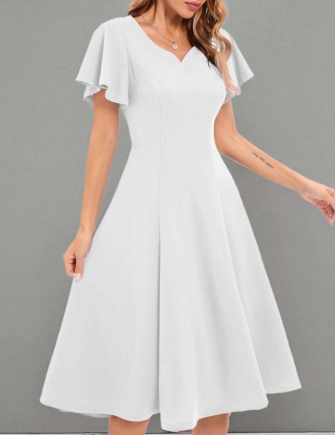 imageHomRain Wedding Guest Dresses for Women Vintage Short Sleeves Casual Fit and Flare Cocktail Formal Dress for Tea PartyWhite