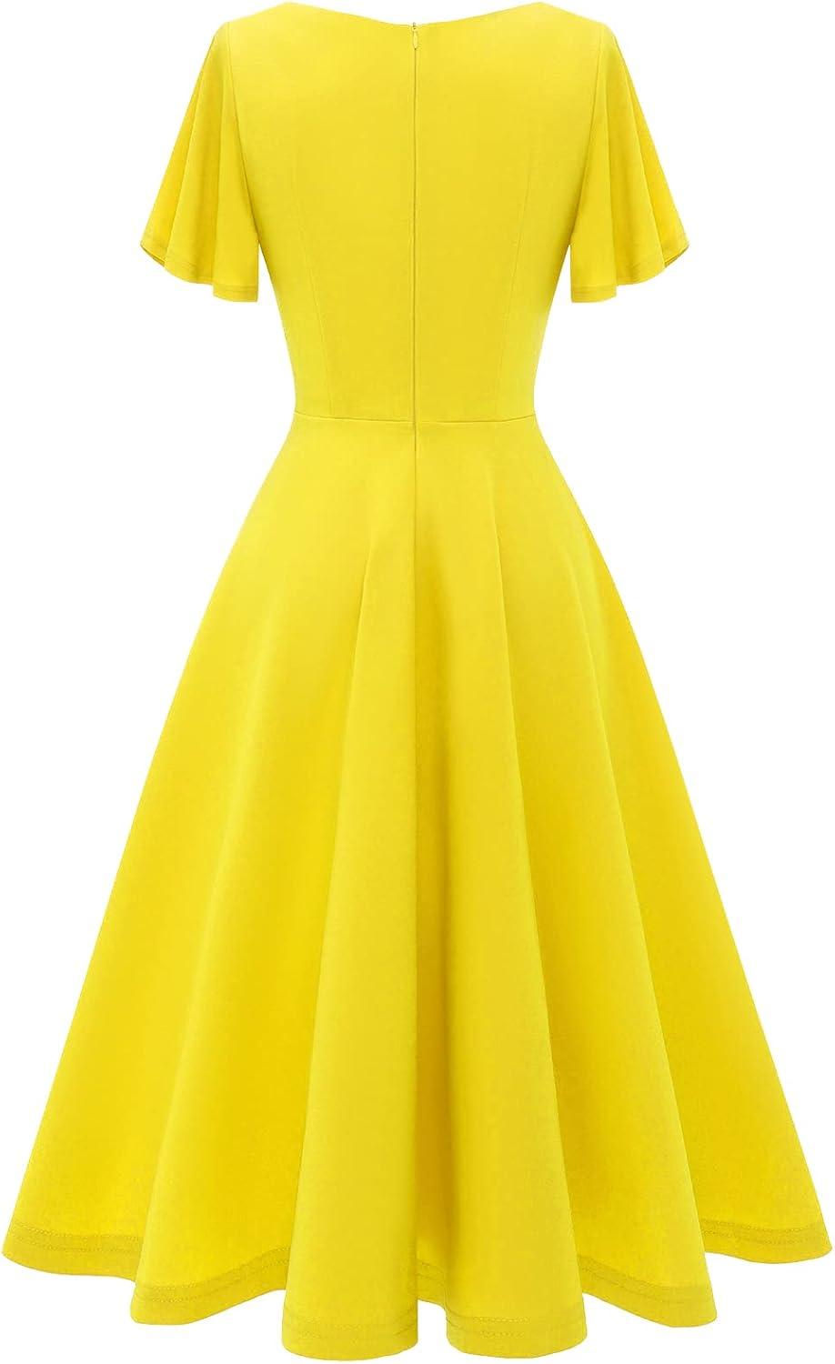 imageHomRain Wedding Guest Dresses for Women Vintage Short Sleeves Casual Fit and Flare Cocktail Formal Dress for Tea PartyYellow