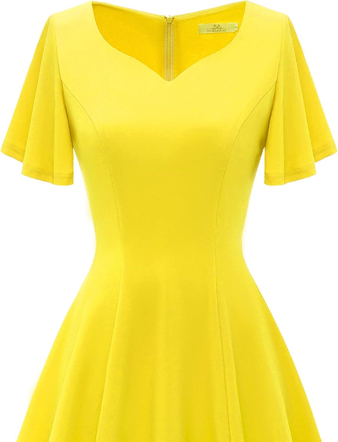 imageHomRain Wedding Guest Dresses for Women Vintage Short Sleeves Casual Fit and Flare Cocktail Formal Dress for Tea PartyYellow