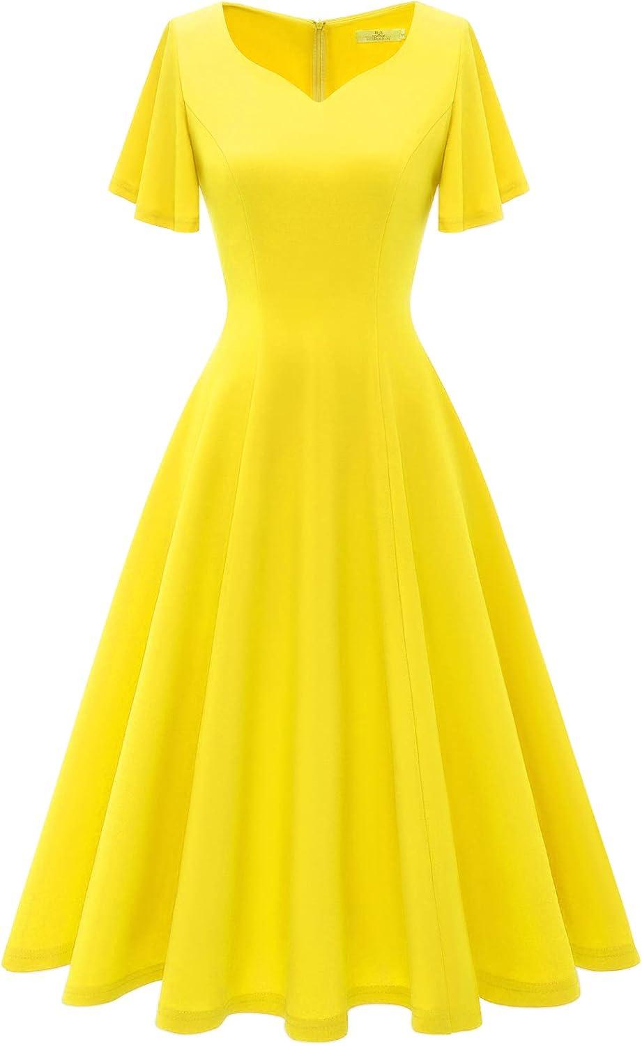 imageHomRain Wedding Guest Dresses for Women Vintage Short Sleeves Casual Fit and Flare Cocktail Formal Dress for Tea PartyYellow