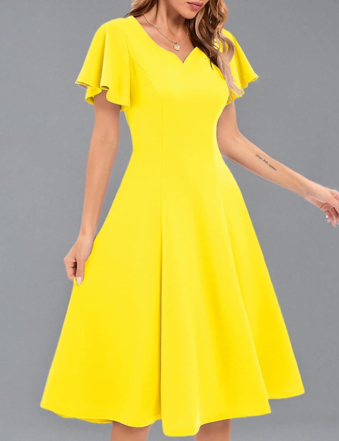 imageHomRain Wedding Guest Dresses for Women Vintage Short Sleeves Casual Fit and Flare Cocktail Formal Dress for Tea PartyYellow