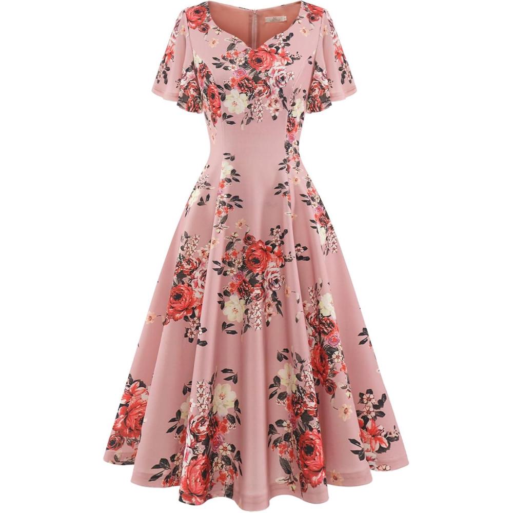 imageHomRain Wedding Guest Dresses for Women Vintage Short Sleeves Casual Fit and Flare Cocktail Formal Dress for Tea PartyBlush Flower