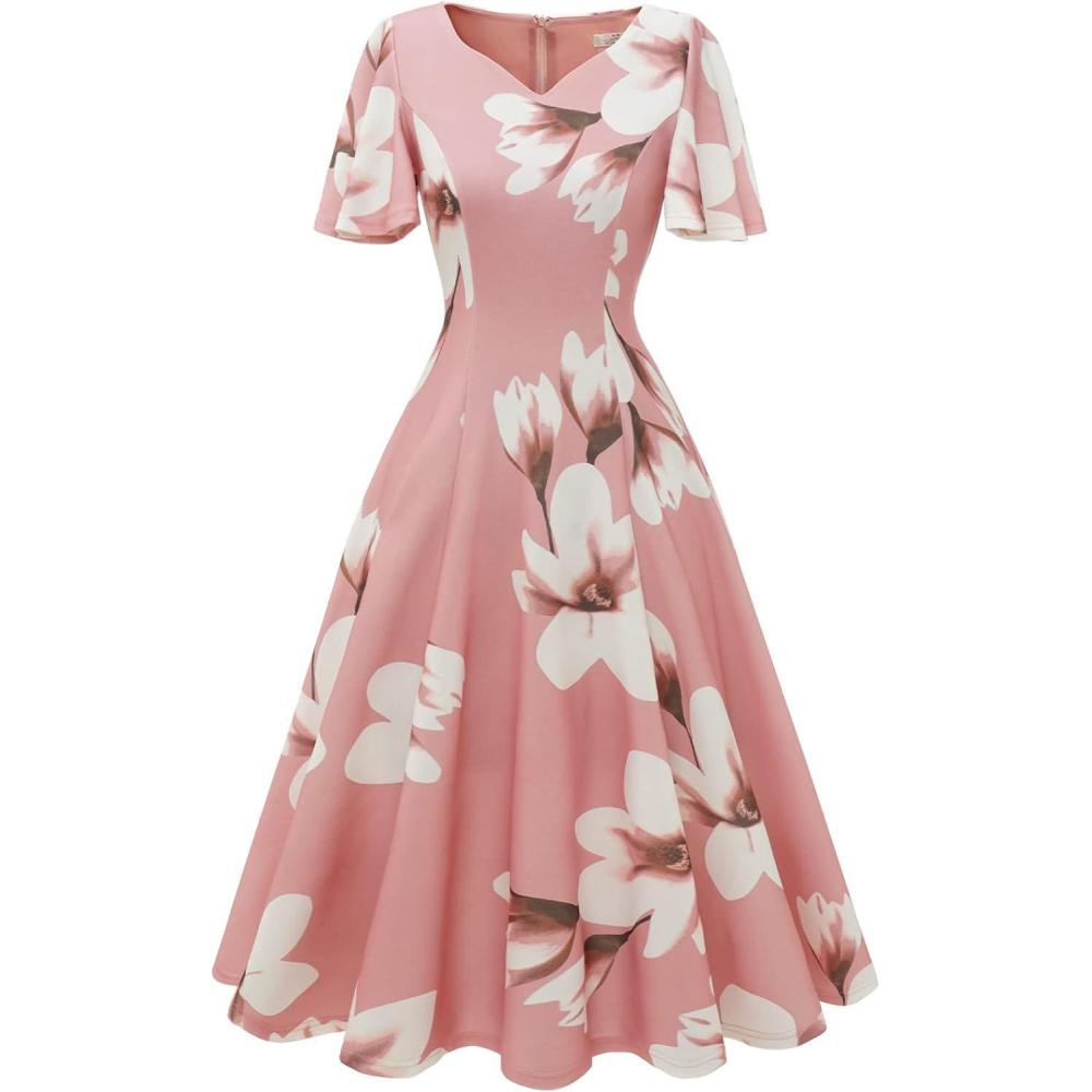imageHomRain Wedding Guest Dresses for Women Vintage Short Sleeves Casual Fit and Flare Cocktail Formal Dress for Tea PartyBlush White Flower