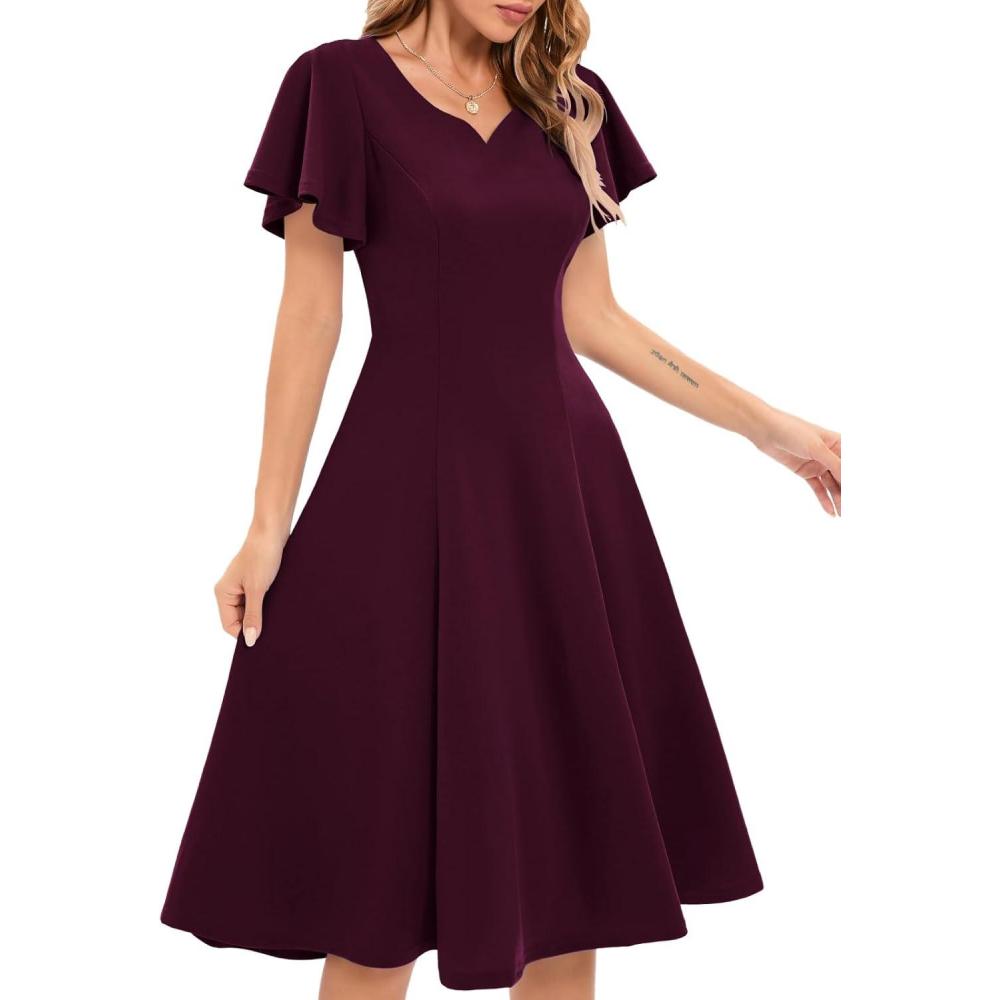 imageHomRain Wedding Guest Dresses for Women Vintage Short Sleeves Casual Fit and Flare Cocktail Formal Dress for Tea PartyBurgundy