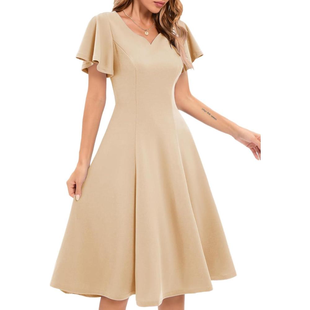 imageHomRain Wedding Guest Dresses for Women Vintage Short Sleeves Casual Fit and Flare Cocktail Formal Dress for Tea PartyChampagne