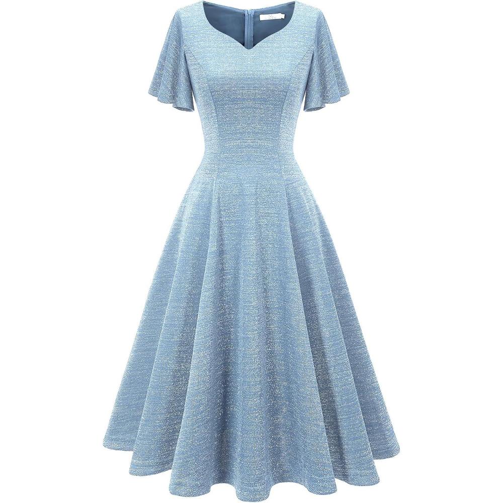 imageHomRain Wedding Guest Dresses for Women Vintage Short Sleeves Casual Fit and Flare Cocktail Formal Dress for Tea PartyGlitterblue