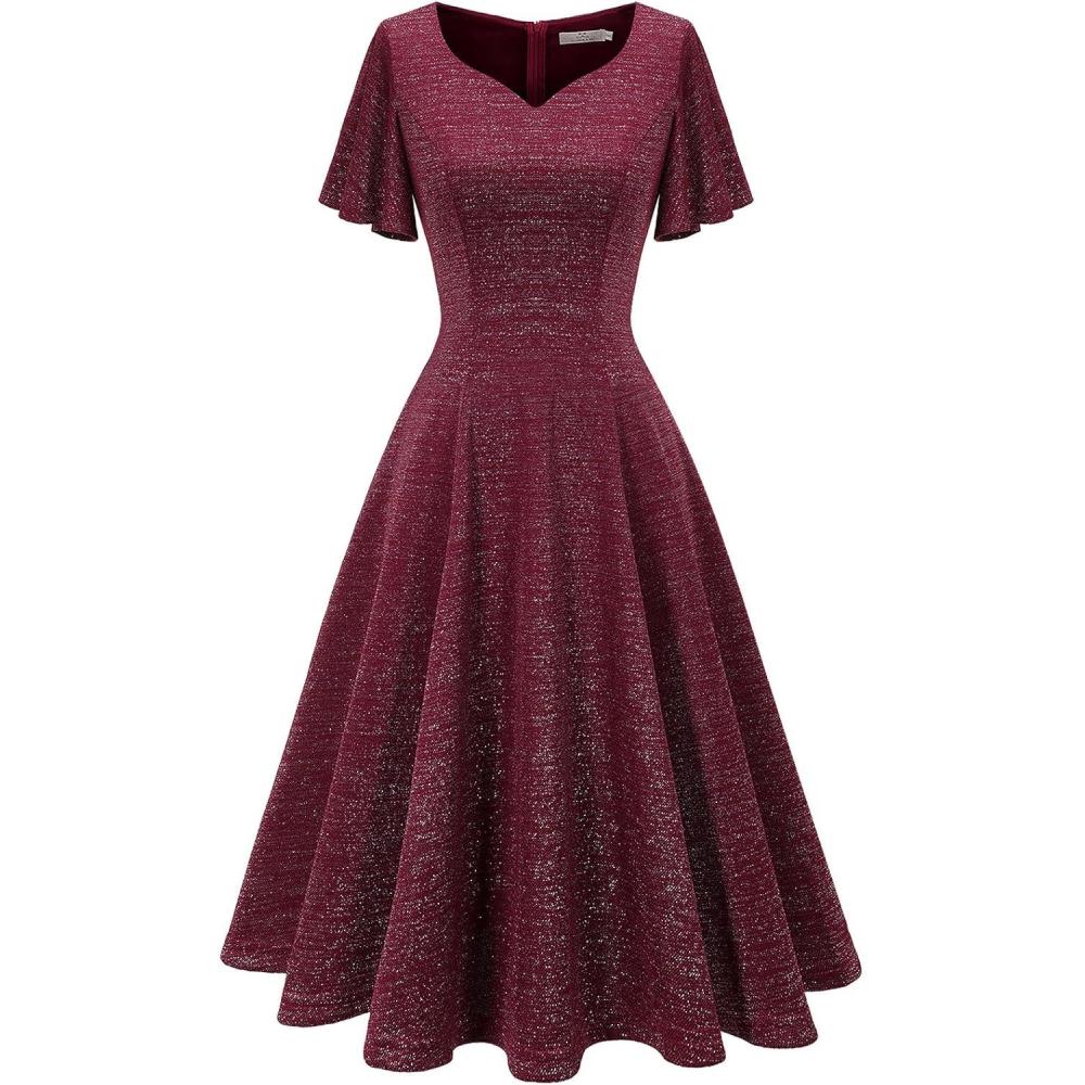 imageHomRain Wedding Guest Dresses for Women Vintage Short Sleeves Casual Fit and Flare Cocktail Formal Dress for Tea PartyGlitterburgundy