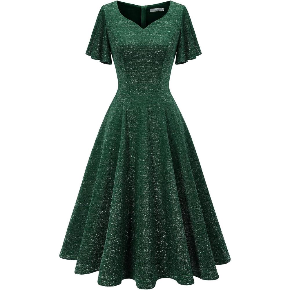 imageHomRain Wedding Guest Dresses for Women Vintage Short Sleeves Casual Fit and Flare Cocktail Formal Dress for Tea PartyGlitterdark Green