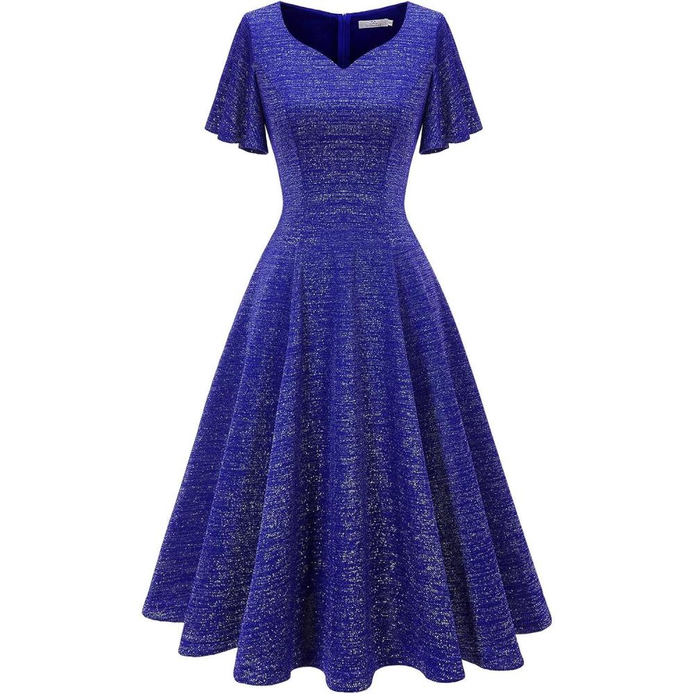 imageHomRain Wedding Guest Dresses for Women Vintage Short Sleeves Casual Fit and Flare Cocktail Formal Dress for Tea PartyGlitterroyalblue