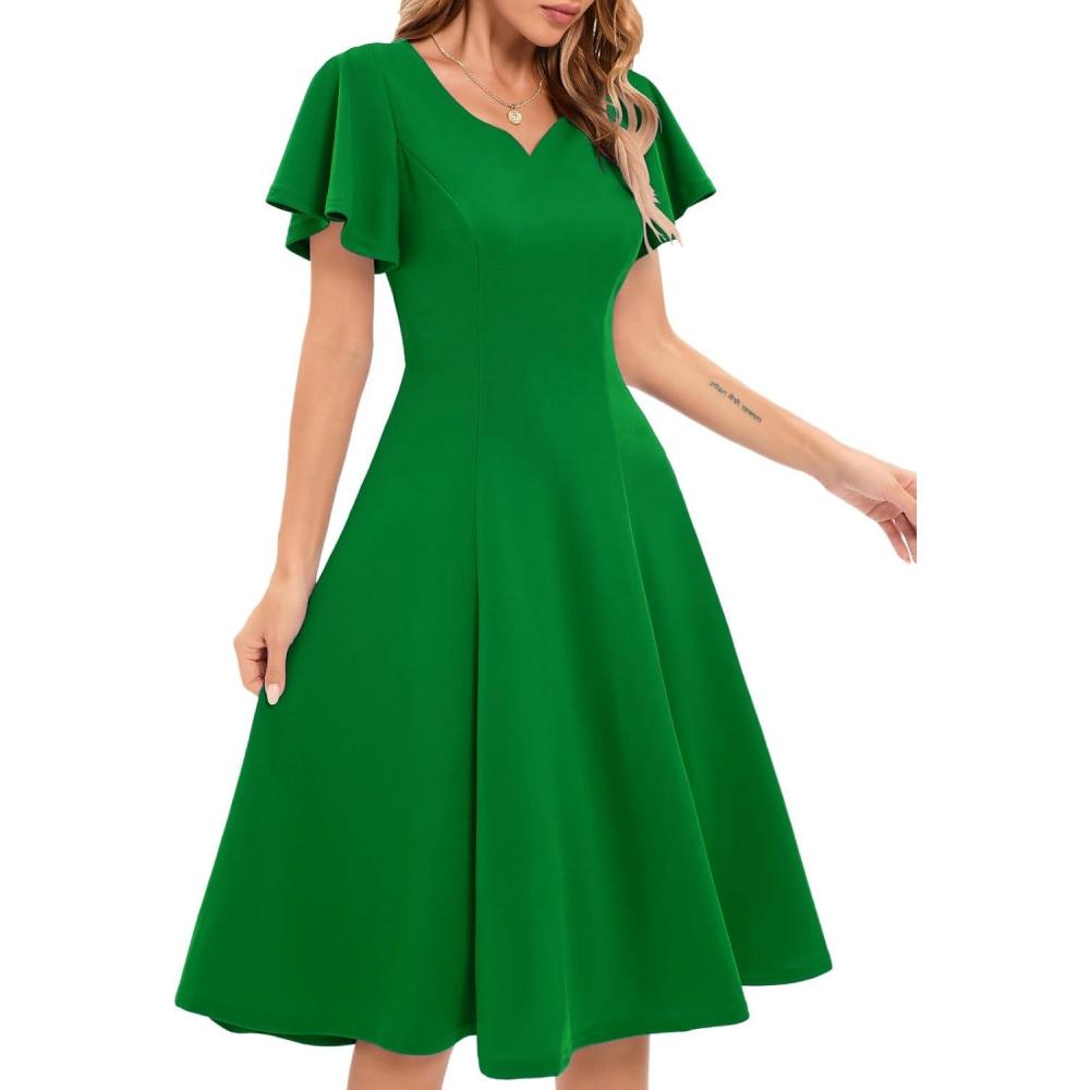 imageHomRain Wedding Guest Dresses for Women Vintage Short Sleeves Casual Fit and Flare Cocktail Formal Dress for Tea PartyGreen
