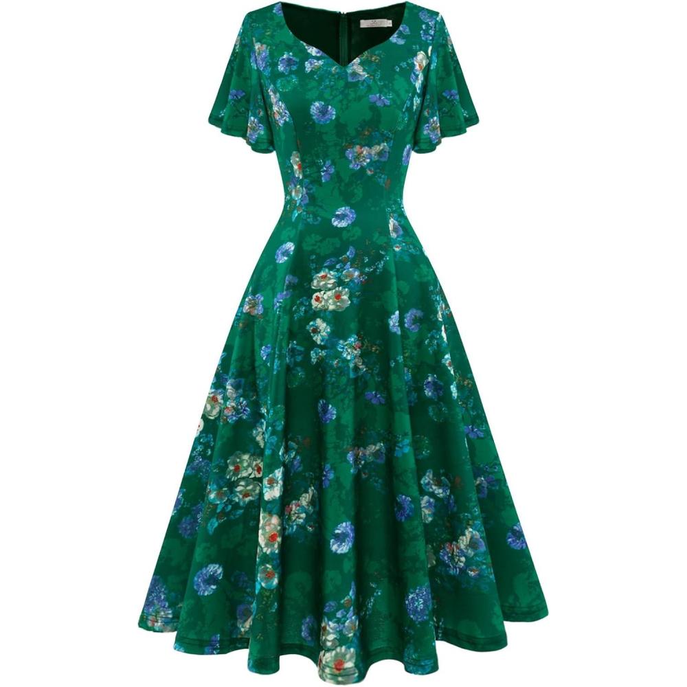 imageHomRain Wedding Guest Dresses for Women Vintage Short Sleeves Casual Fit and Flare Cocktail Formal Dress for Tea PartyGreen Flower