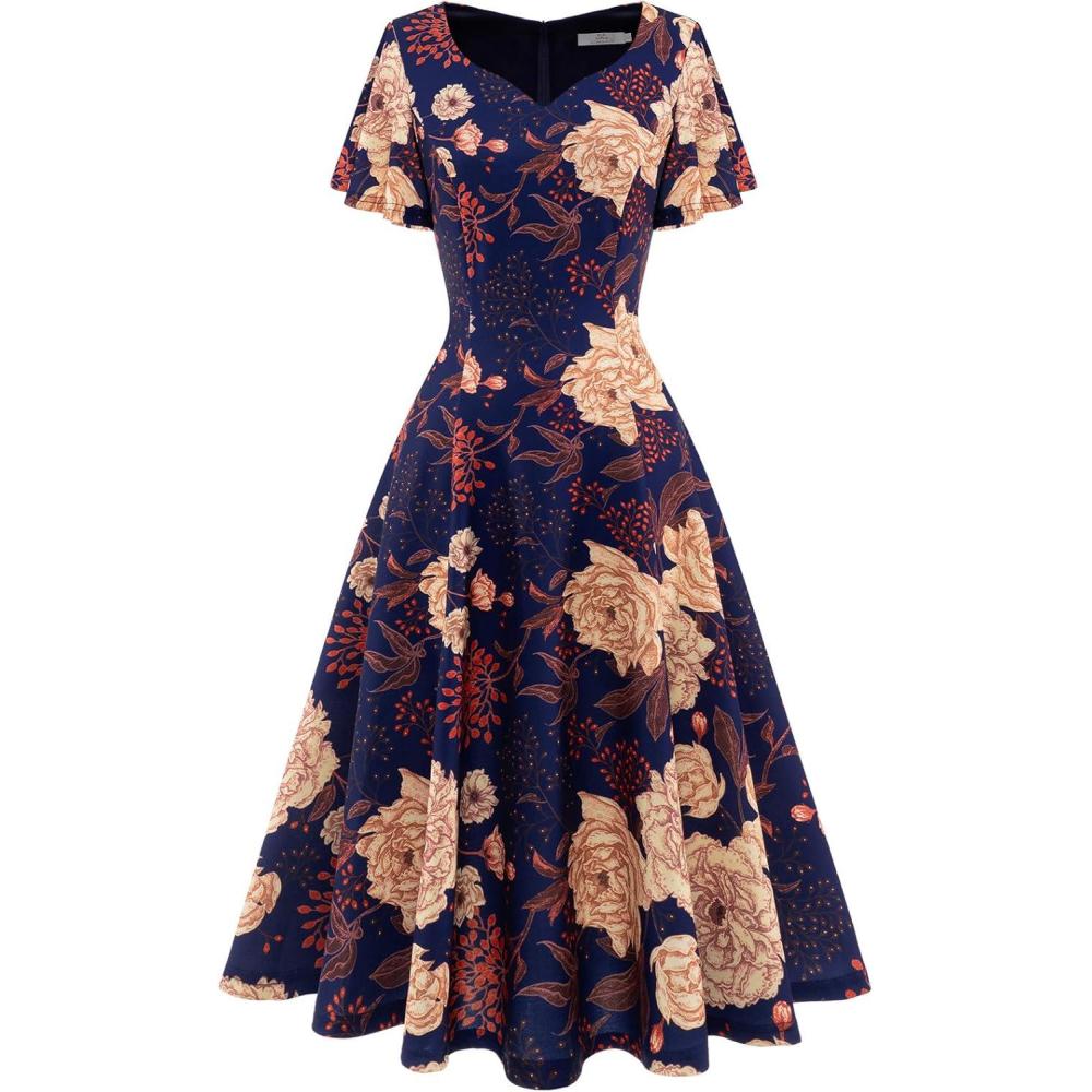 imageHomRain Wedding Guest Dresses for Women Vintage Short Sleeves Casual Fit and Flare Cocktail Formal Dress for Tea PartyNavy Yellow Flower