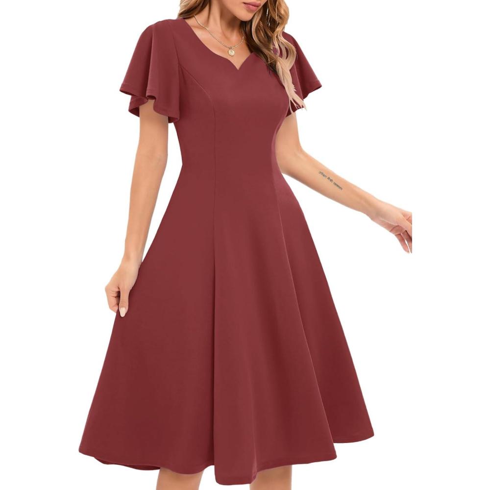 imageHomRain Wedding Guest Dresses for Women Vintage Short Sleeves Casual Fit and Flare Cocktail Formal Dress for Tea PartyRaspberry