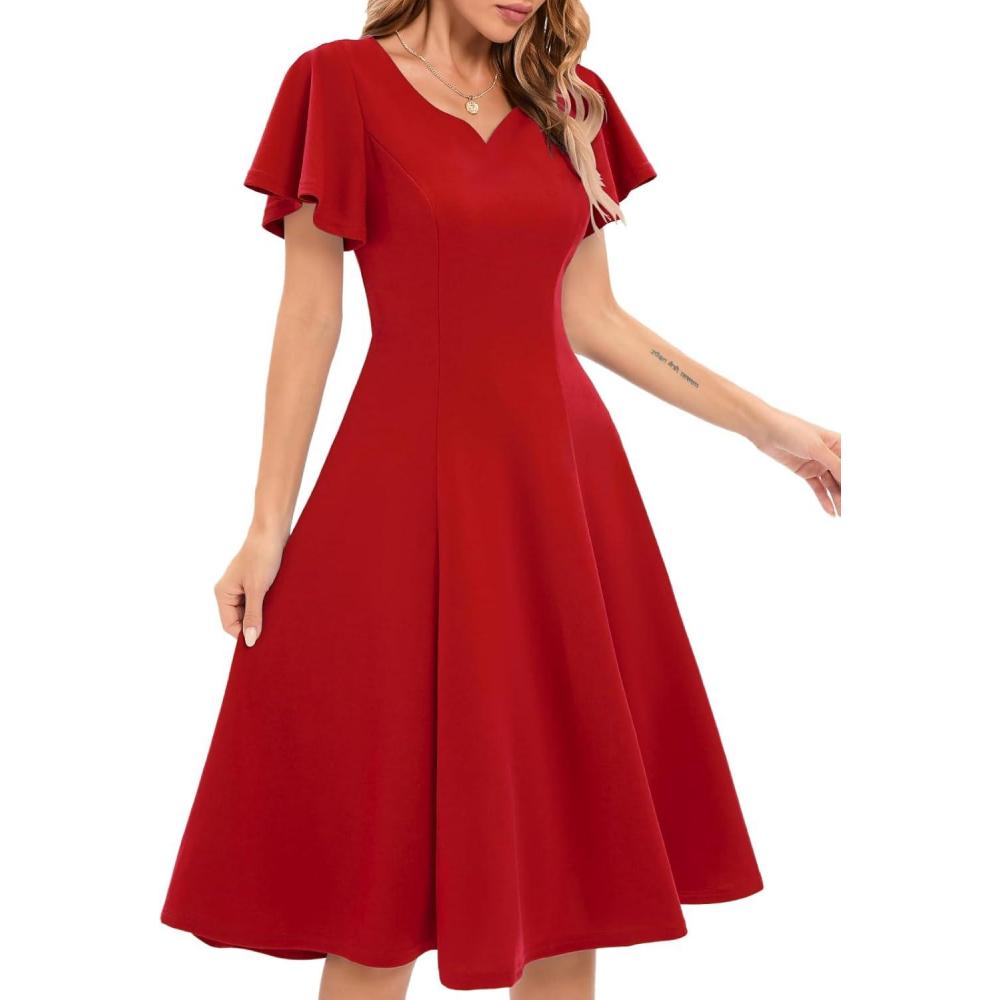 imageHomRain Wedding Guest Dresses for Women Vintage Short Sleeves Casual Fit and Flare Cocktail Formal Dress for Tea PartyRed