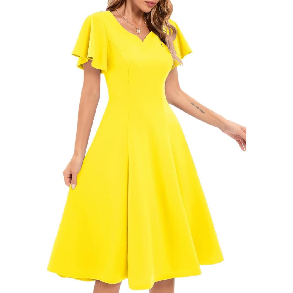 imageHomRain Wedding Guest Dresses for Women Vintage Short Sleeves Casual Fit and Flare Cocktail Formal Dress for Tea PartyYellow