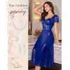imageHomRain Women Sparkly Formal Party Dress VNeck Short Sleeve Wedding Cocktail Long Evening DressNavy