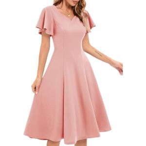 imageHomRain Wedding Guest Dresses for Women Vintage Short Sleeves Casual Fit and Flare Cocktail Formal Dress for Tea PartyBlush