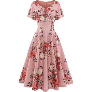 imageHomRain Wedding Guest Dresses for Women Vintage Short Sleeves Casual Fit and Flare Cocktail Formal Dress for Tea PartyBlush Flower