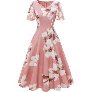 imageHomRain Wedding Guest Dresses for Women Vintage Short Sleeves Casual Fit and Flare Cocktail Formal Dress for Tea PartyBlush White Flower