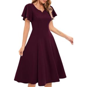 imageHomRain Wedding Guest Dresses for Women Vintage Short Sleeves Casual Fit and Flare Cocktail Formal Dress for Tea PartyBurgundy