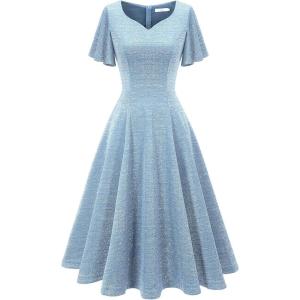 imageHomRain Wedding Guest Dresses for Women Vintage Short Sleeves Casual Fit and Flare Cocktail Formal Dress for Tea PartyGlitterblue