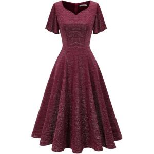 imageHomRain Wedding Guest Dresses for Women Vintage Short Sleeves Casual Fit and Flare Cocktail Formal Dress for Tea PartyGlitterburgundy