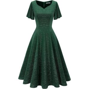 imageHomRain Wedding Guest Dresses for Women Vintage Short Sleeves Casual Fit and Flare Cocktail Formal Dress for Tea PartyGlitterdark Green