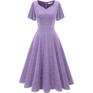 imageHomRain Wedding Guest Dresses for Women Vintage Short Sleeves Casual Fit and Flare Cocktail Formal Dress for Tea PartyGlitterlavender