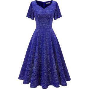 imageHomRain Wedding Guest Dresses for Women Vintage Short Sleeves Casual Fit and Flare Cocktail Formal Dress for Tea PartyGlitterroyalblue