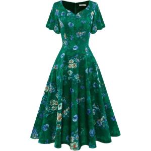 imageHomRain Wedding Guest Dresses for Women Vintage Short Sleeves Casual Fit and Flare Cocktail Formal Dress for Tea PartyGreen Flower