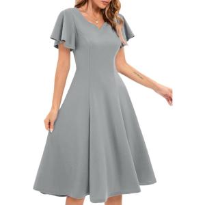 imageHomRain Wedding Guest Dresses for Women Vintage Short Sleeves Casual Fit and Flare Cocktail Formal Dress for Tea PartyGrey