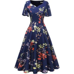 imageHomRain Wedding Guest Dresses for Women Vintage Short Sleeves Casual Fit and Flare Cocktail Formal Dress for Tea PartyNavy Flower