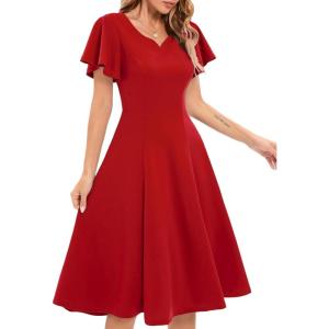 imageHomRain Wedding Guest Dresses for Women Vintage Short Sleeves Casual Fit and Flare Cocktail Formal Dress for Tea PartyRed