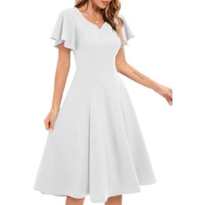 imageHomRain Wedding Guest Dresses for Women Vintage Short Sleeves Casual Fit and Flare Cocktail Formal Dress for Tea PartyWhite