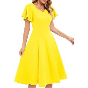 imageHomRain Wedding Guest Dresses for Women Vintage Short Sleeves Casual Fit and Flare Cocktail Formal Dress for Tea PartyYellow