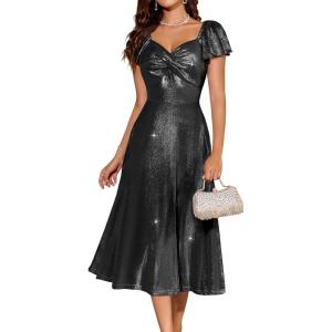 imageHomRain Women Sparkly Formal Party Dress VNeck Short Sleeve Wedding Cocktail Long Evening DressBlack