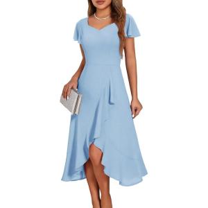 imageHomRain V Neck Formal Wedding Guest Bridesmaid Dresses for Women 2025 Ruffle Sleeves for Cocktail Graduation Modest DressBlue