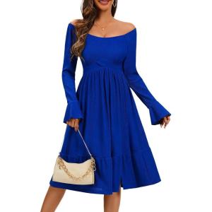 imageHomRain Womens Casual Wedding Dresses for Summer 2025 Vintage Graduation Square Neck Cocktail Beach Dress for Tea PartyLong Sleeve Royalblue