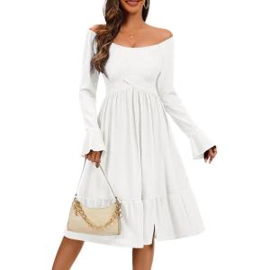 imageHomRain Womens Casual Wedding Dresses for Summer 2025 Vintage Graduation Square Neck Cocktail Beach Dress for Tea PartyLong Sleeve White