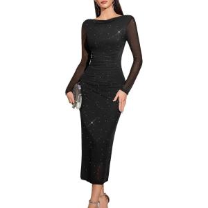 imageHomRain Womens Sequin Mesh Maxi Dress Long Sleeve Bodycon Dresses for Fall Party Holiday Club OutfitBlack
