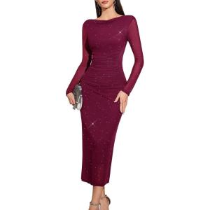 imageHomRain Womens Sequin Mesh Maxi Dress Long Sleeve Bodycon Dresses for Fall Party Holiday Club OutfitBurgundy