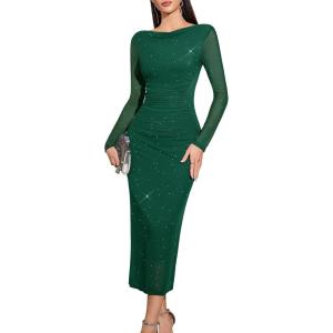 imageHomRain Womens Sequin Mesh Maxi Dress Long Sleeve Bodycon Dresses for Fall Party Holiday Club OutfitDark Green
