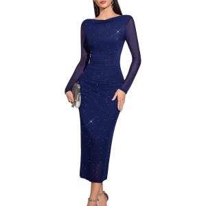 imageHomRain Womens Sequin Mesh Maxi Dress Long Sleeve Bodycon Dresses for Fall Party Holiday Club OutfitNavy