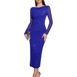 imageHomRain Womens Sequin Mesh Maxi Dress Long Sleeve Bodycon Dresses for Fall Party Holiday Club OutfitRoyalblue