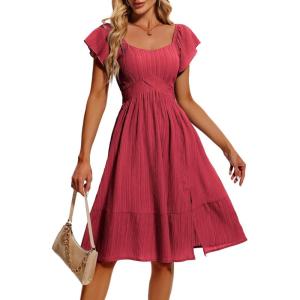 imageHomRain Womens Casual Midi Dresses Square Neck Split Beach Dress for Tea PartyRed